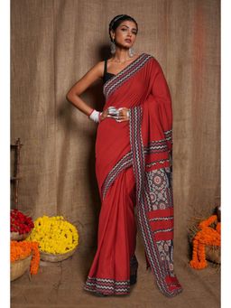 Unnati Silks - Red Pure Applique Work Mulmul Cotton Saree with Unstitched Blouse