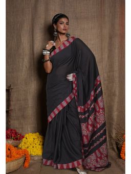 Unnati Silks - Black Pure Applique Work Mulmul Cotton Saree with Unstitched Blouse