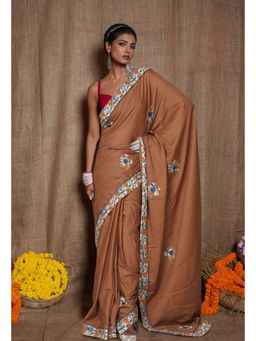 Unnati Silks - Brown Pure Applique Work Mulmul Cotton Saree with Unstitched Blouse