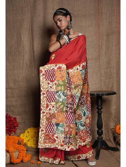 Unnati Silks - Red Pure Applique Work Mulmul Cotton Saree with Unstitched Blouse