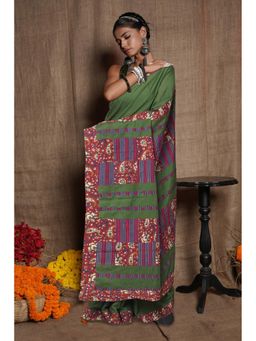 Unnati Silks - Green Pure Applique Work Mulmul Cotton Saree with Unstitched Blouse