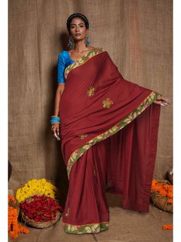Unnati Silks - Maroon Pure Applique Work Mulmul Cotton Saree with Unstitched Blouse