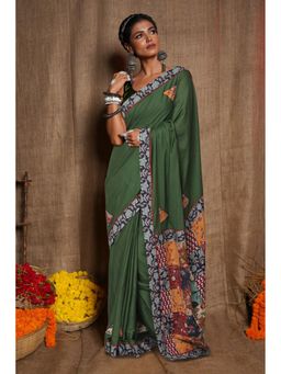 Unnati Silks - Green Pure Applique Work Mulmul Cotton Saree with Unstitched Blouse