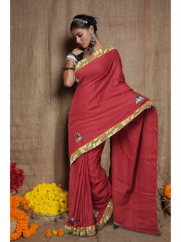 Unnati Silks - Maroon Pure Applique Work Mulmul Cotton Saree with Unstitched Blouse