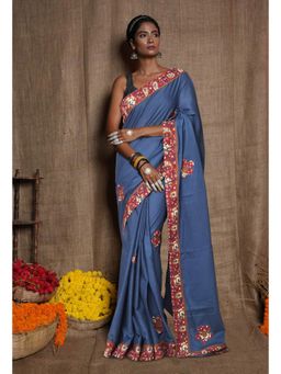 Unnati Silks - Blue Pure Applique Work Mulmul Cotton Saree with Unstitched Blouse