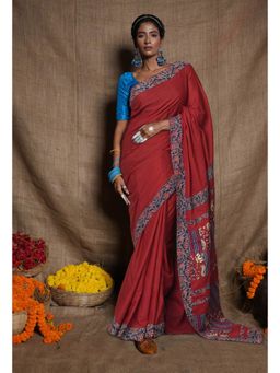 Unnati Silks - Maroon Pure Applique Work Mulmul Cotton Saree with Unstitched Blouse