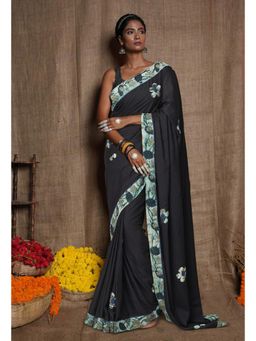 Unnati Silks - Black Pure Applique Work Mulmul Cotton Saree with Unstitched Blouse