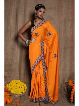 Unnati Silks - Yellow Pure Applique Work Mulmul Cotton Saree with Unstitched Blouse