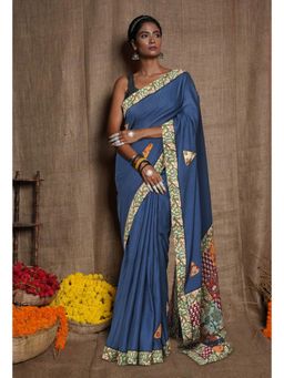 Unnati Silks - Blue Pure Applique Work Mulmul Cotton Saree with Unstitched Blouse