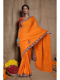 Unnati Silks - Yellow Pure Applique Work Mulmul Cotton Saree with Unstitched Blouse