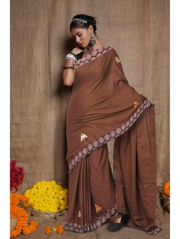 Unnati Silks - Brown Pure Applique Work Mulmul Cotton Saree with Unstitched Blouse
