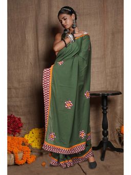 Unnati Silks - Green Pure Applique Work Mulmul Cotton Saree with Unstitched Blouse