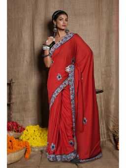 Unnati Silks - Red Pure Applique Work Mulmul Cotton Saree with Unstitched Blouse