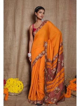 Unnati Silks - Yellow Pure Applique Work Mulmul Cotton Saree with Unstitched Blouse