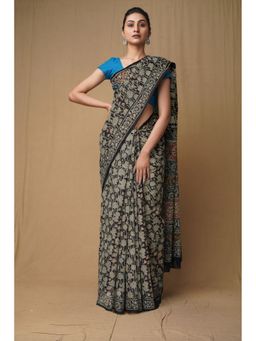 Unnati Silks - Black Pure Discharge Bagru Printed Kota Saree with Unstitched Blouse