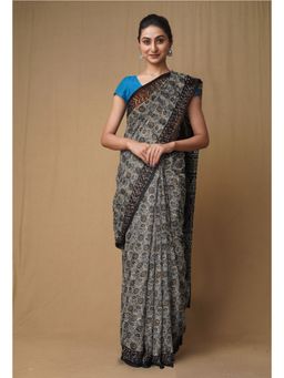 Unnati Silks - Grey Pure Discharge Bagru Printed Kota Saree with Unstitched Blouse