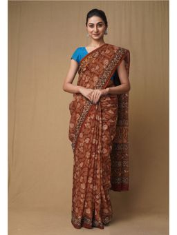 Unnati Silks - Brown Pure Discharge Bagru Printed Kota Saree with Unstitched Blouse