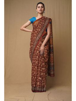 Unnati Silks - Brown Pure Discharge Bagru Printed Kota Saree with Unstitched Blouse