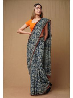Unnati Silks - Blue Pure Discharge Bagru Printed Kota Saree with Unstitched Blouse