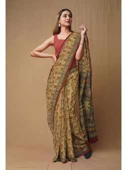 Unnati Silks - Green Pure Discharge Bagru Printed Kota Saree with Unstitched Blouse