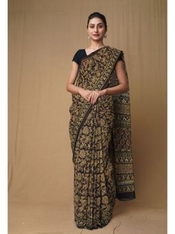 Unnati Silks - Black Pure Discharge Bagru Printed Kota Saree with Unstitched Blouse
