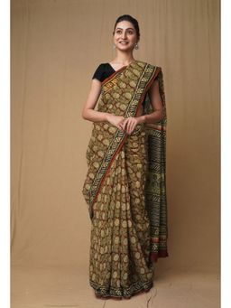 Unnati Silks - Brown Pure Discharge Bagru Printed Kota Saree with Unstitched Blouse