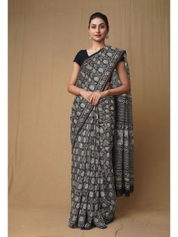 Unnati Silks - Black Pure Discharge Bagru Printed Kota Saree with Unstitched Blouse
