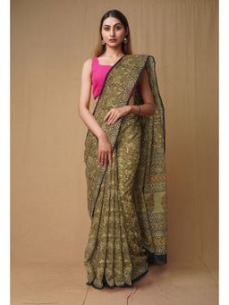 Unnati Silks - Green Pure Discharge Bagru Printed Kota Saree with Unstitched Blouse