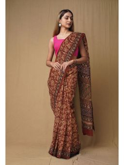Unnati Silks - Brown Pure Discharge Bagru Printed Kota Saree with Unstitched Blouse