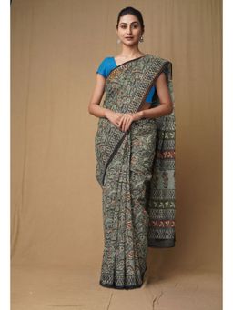 Unnati Silks - Blue Pure Discharge Bagru Printed Kota Saree with Unstitched Blouse