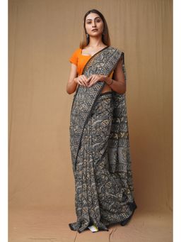Unnati Silks - Grey Pure Discharge Bagru Printed Kota Saree with Unstitched Blouse