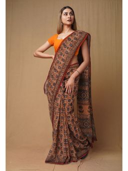Unnati Silks - Brown Pure Discharge Bagru Printed Kota Saree with Unstitched Blouse