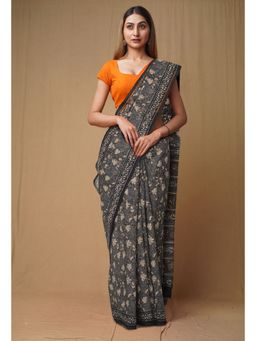 Unnati Silks - Olive Green Pure Discharge Bagru Printed Kota Saree with Unstitched Blouse