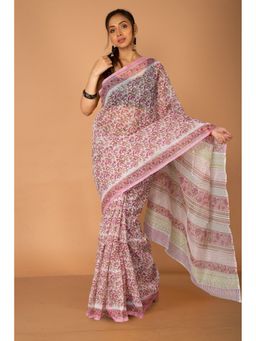 Unnati Silks - Ivory Pink Pure Block Printed Fancy Checks Supernet Saree without Blouse
