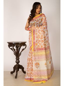 Unnati Silks - Ivory Yellow Pure Block Printed Fancy Checks Supernet Saree without Blouse