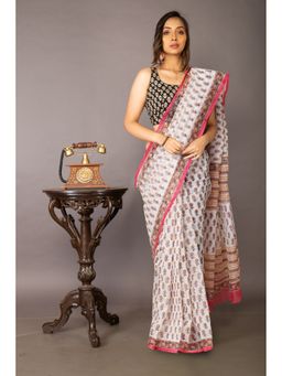 Unnati Silks - Ivory Pink Pure Block Printed Fancy Checks Supernet Saree without Blouse