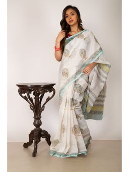 Unnati Silks - Ivory Turquoise Pure Block Printed Fancy Checks Supernet Saree without Blouse