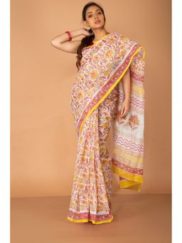 Unnati Silks - Ivory Yellow Pure Block Printed Fancy Checks Supernet Saree without Blouse