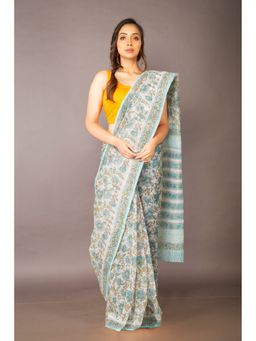 Unnati Silks - Ivory Turquoise Pure Block Printed Fancy Checks Supernet Saree without Blouse