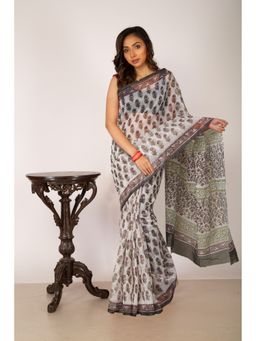 Unnati Silks - Ivory Black Pure Block Printed Fancy Checks Supernet Saree without Blouse