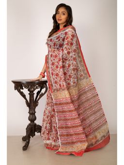 Unnati Silks - Ivory Red Pure Block Printed Fancy Checks Supernet Saree without Blouse