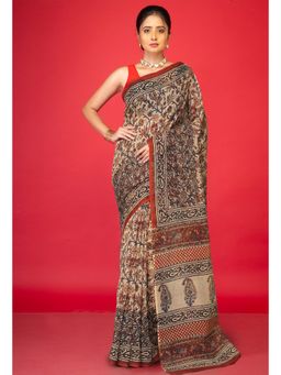 Unnati Silks - Cream Pure Bagru Kalamkari Printed Kota Saree with Unstitched Blouse
