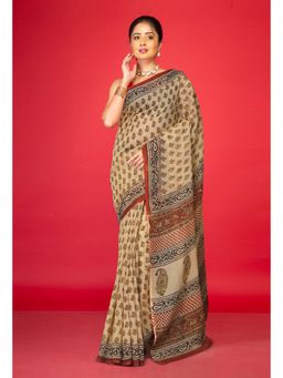 Unnati Silks - Cream Pure Bagru Kalamkari Printed Kota Saree with Unstitched Blouse