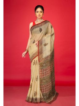 Unnati Silks - Cream Pure Bagru Kalamkari Printed Kota Saree with Unstitched Blouse