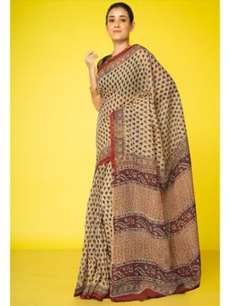 Unnati Silks - Cream Pure Bagru Kalamkari Printed Kota Saree with Unstitched Blouse