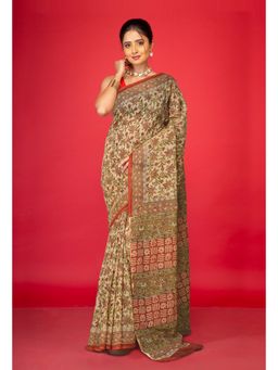 Unnati Silks - Cream Pure Bagru Kalamkari Printed Kota Saree with Unstitched Blouse