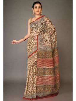 Unnati Silks - Cream Pure Bagru Kalamkari Printed Kota Saree with Unstitched Blouse