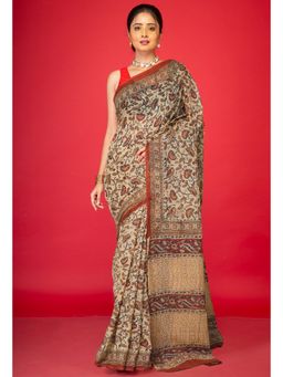 Unnati Silks - Cream Pure Bagru Kalamkari Printed Kota Saree with Unstitched Blouse