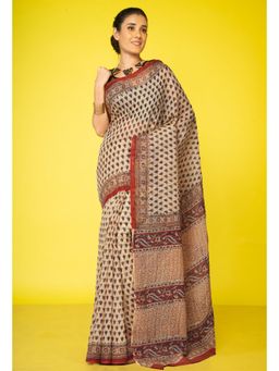Unnati Silks - Cream Pure Bagru Kalamkari Printed Kota Saree with Unstitched Blouse