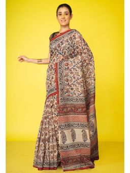 Unnati Silks - Cream Pure Bagru Kalamkari Printed Kota Saree with Unstitched Blouse